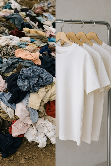 Contrast between discarded synthetic clothes in landfill and fresh DRiP SQUADX premium cotton T-shirts on rack, highlighting sustainable fashion in India