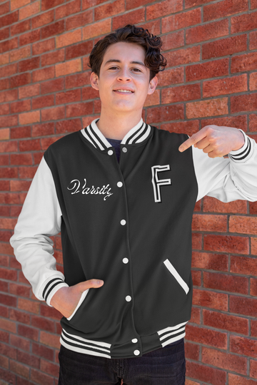 Unisex Letter F Varsity Jacket Black N Blue 300 GSM Premium cotton | Dripsquadx