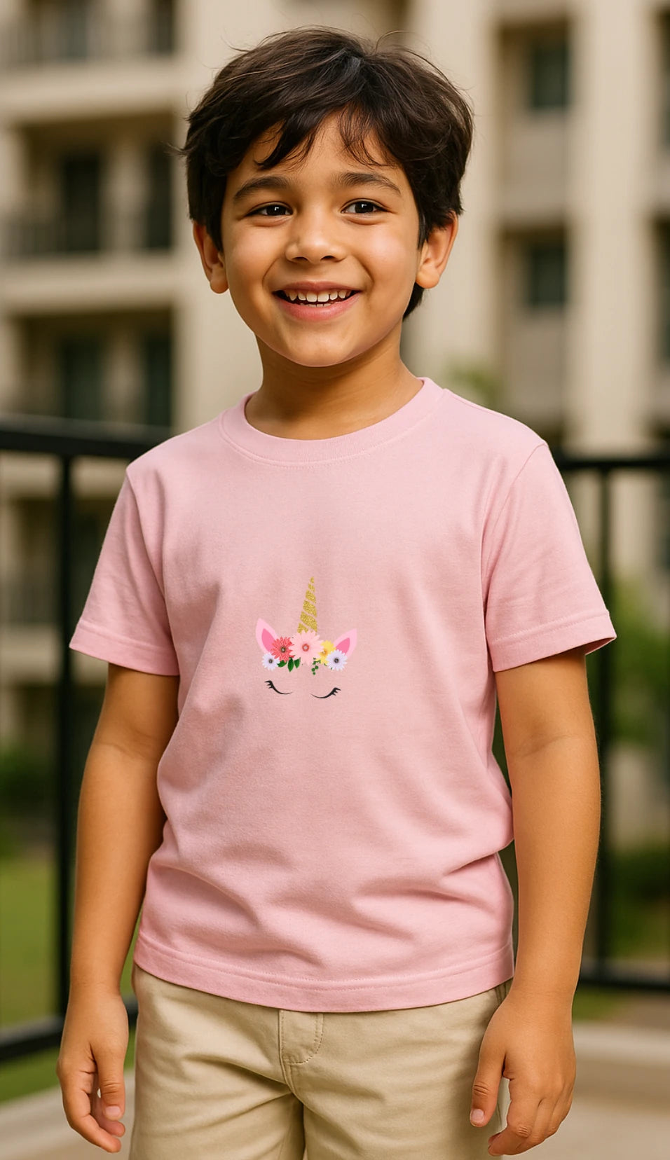 Child wearing a pink t-shirt with a pony crown design outdoors.