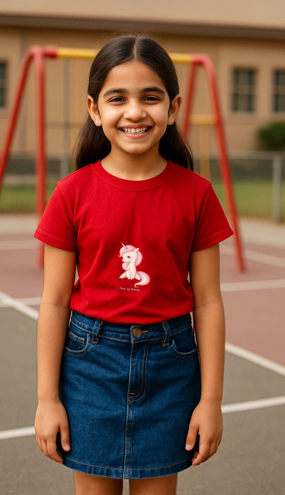 Young girl wearing a red t-shirt with a pony design on a playground near a swing.