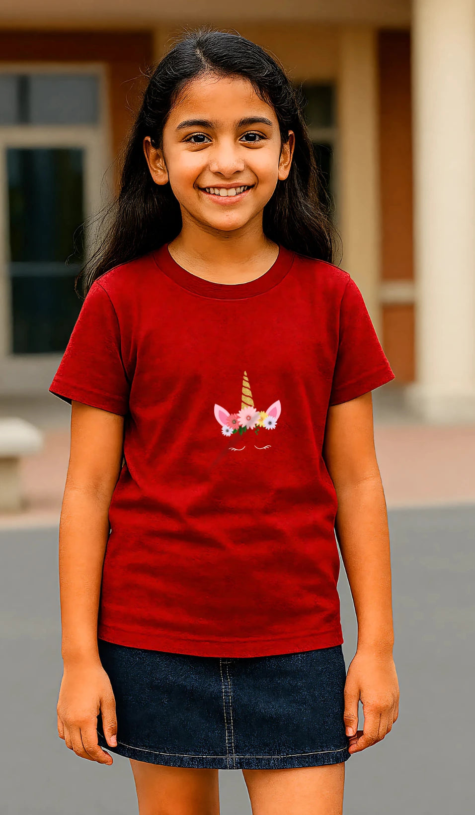 Young girl wearing a red t-shirt with a pony crown design outdoors.