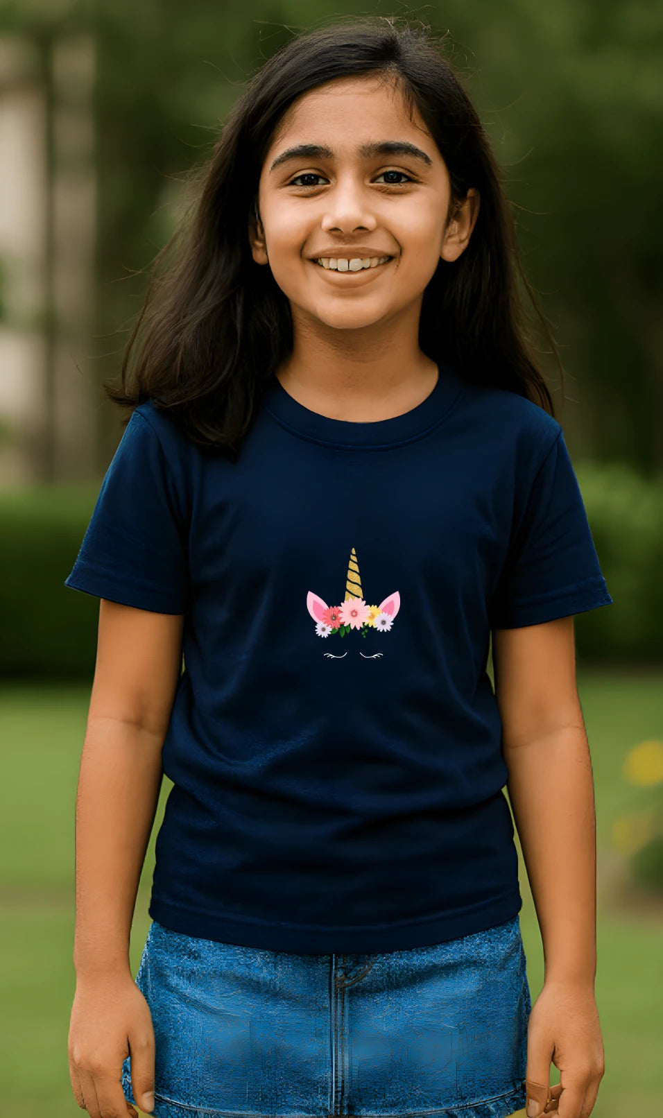Young girl wearing a navy blue t-shirt with a pony crown design outdoors.