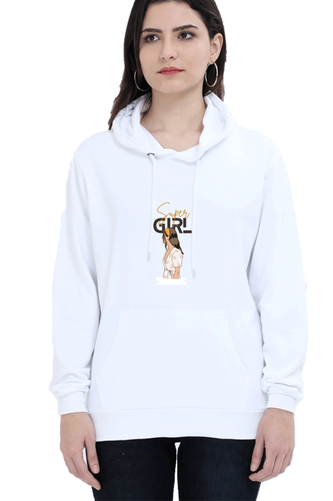 White 320 GSM hoodie model with "Super Girl" text above "Left profile of girl with yellow headband" print for everyday streetwear.