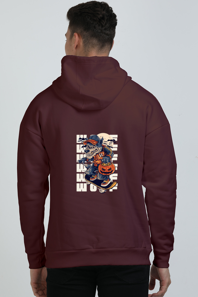 A man wearing a Maroon hoodie with a graphic of a wolf skate boarding and the text 'WOLF' on the back of Graphic.