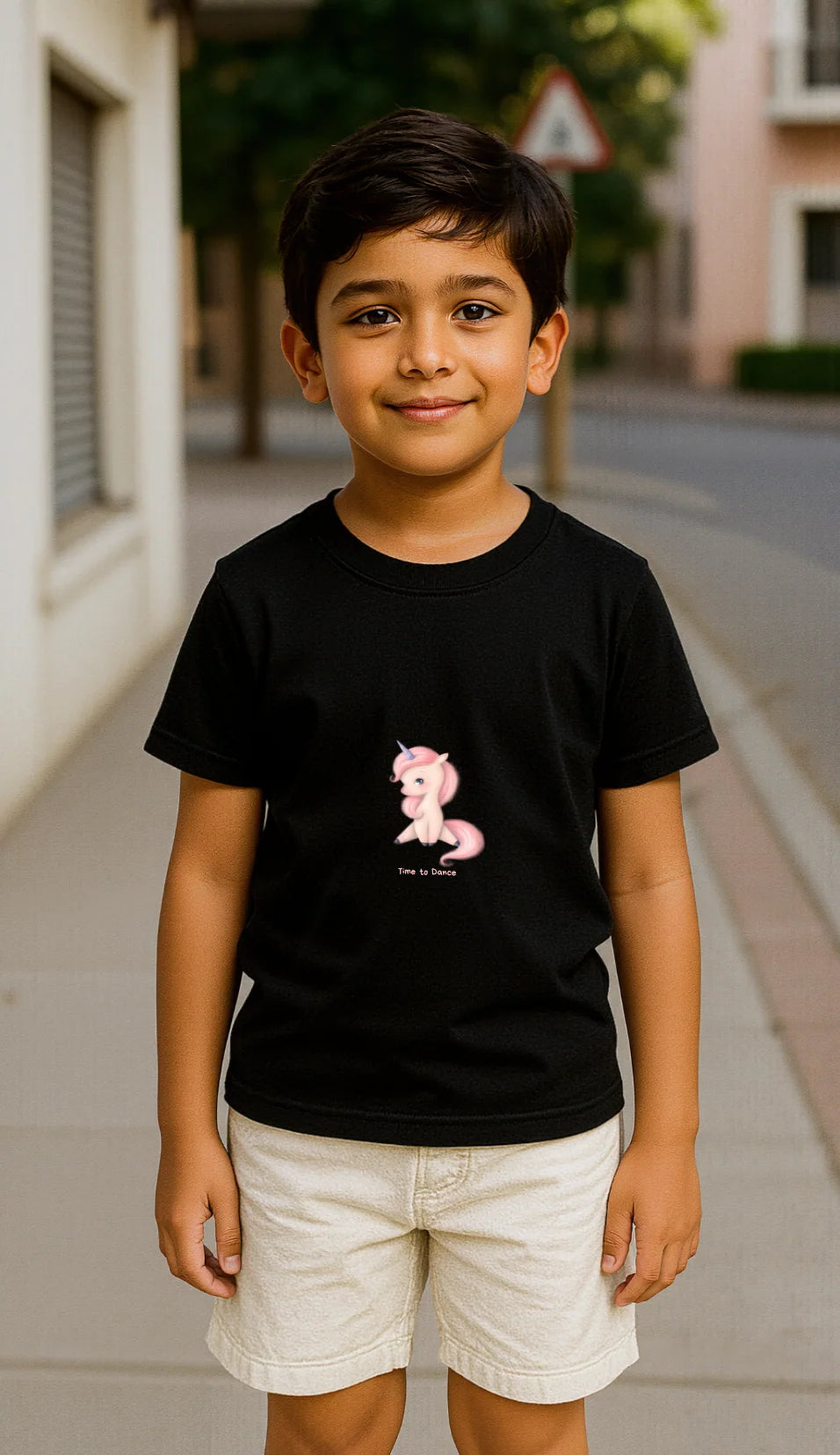 Child wearing a black t-shirt with a pink pony graphic and text on a street.
