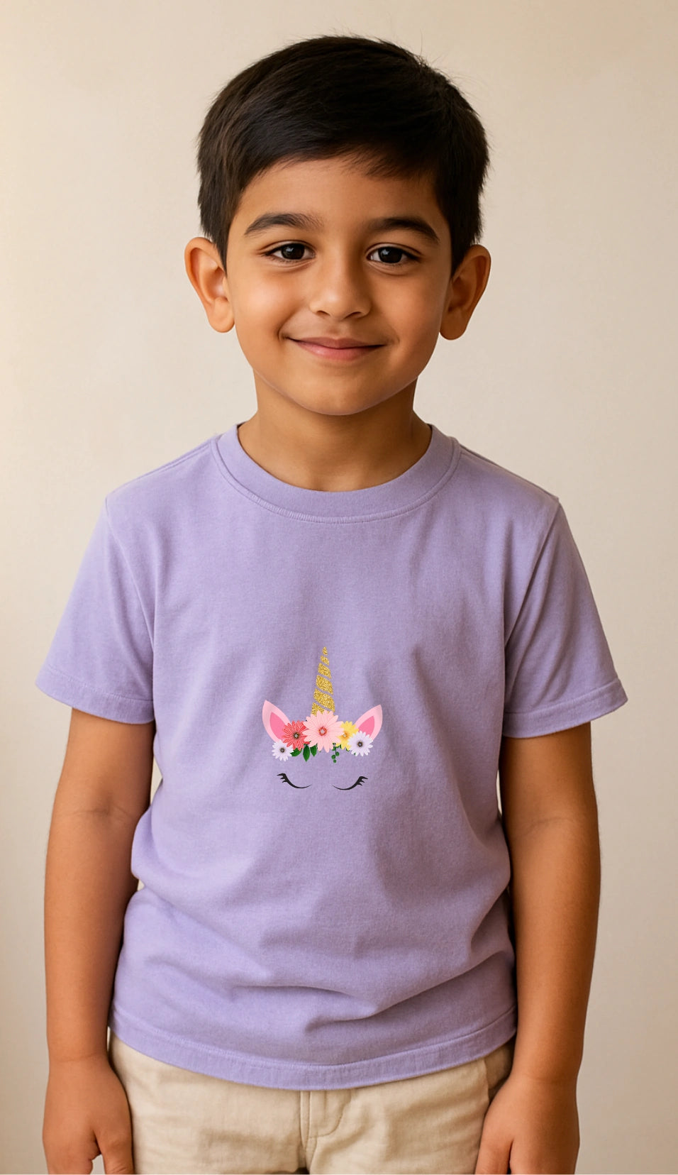 Child wearing a Lavender t-shirt with a pony crown design on a plain background