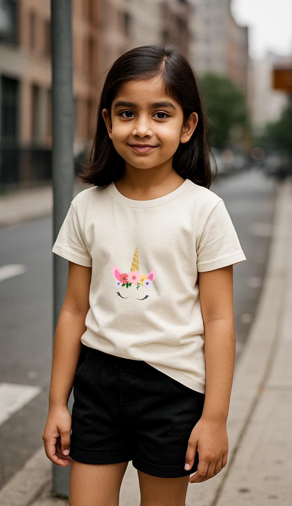 Young girl wearing a t-shirt with a pony crown design on a city street.