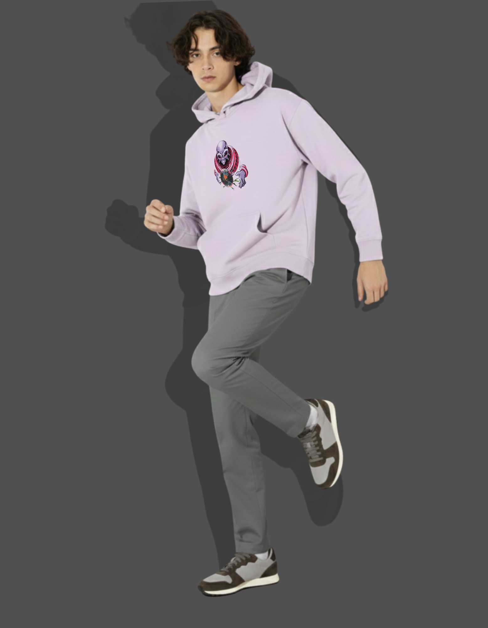 Man running in Lavender Heavyweight Hoodie. Urban graphic for street fashion and flexible fit.
