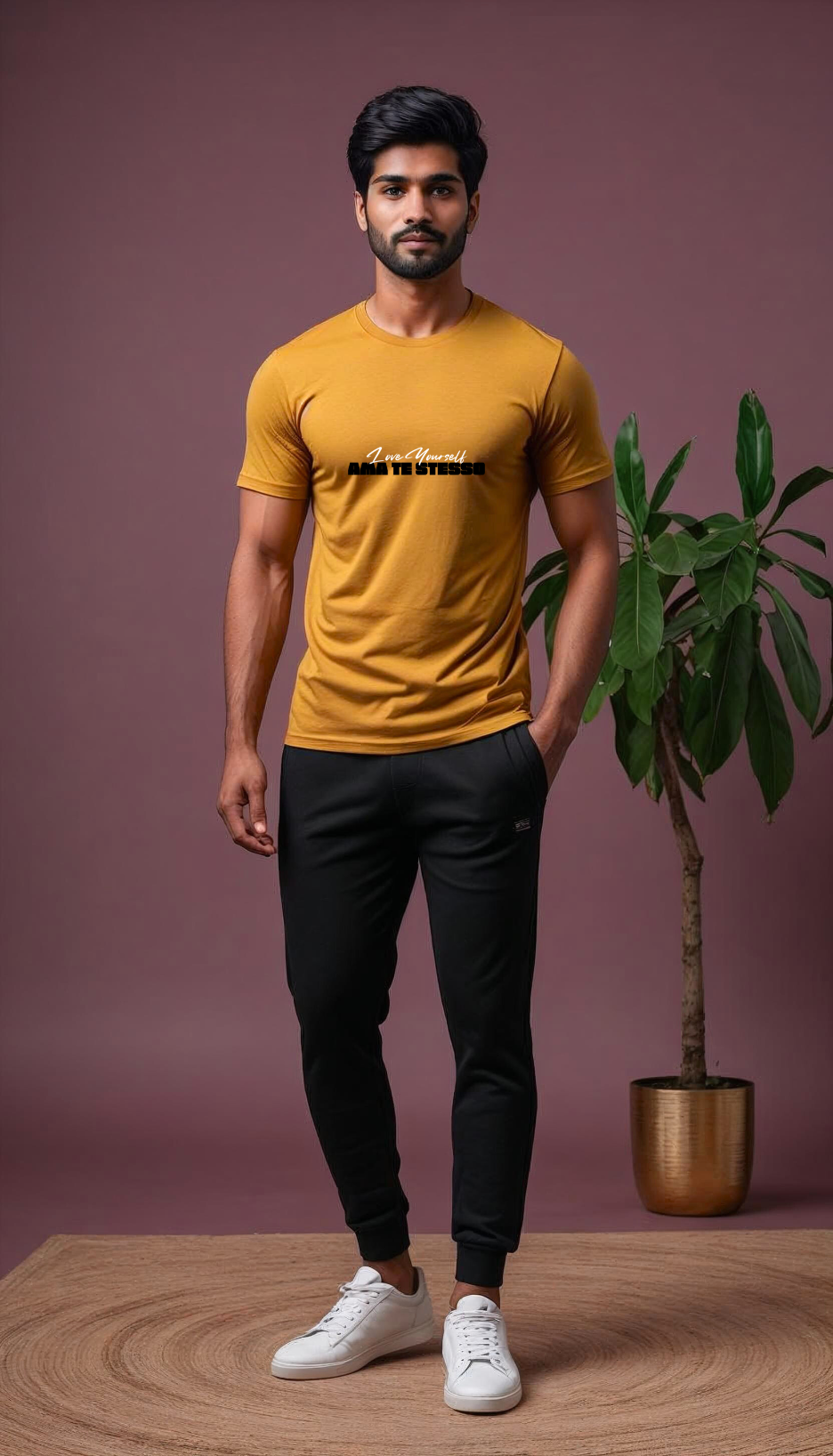 180 GSM Cotton Mustard Yellow with Ama Te Stesso design at chest