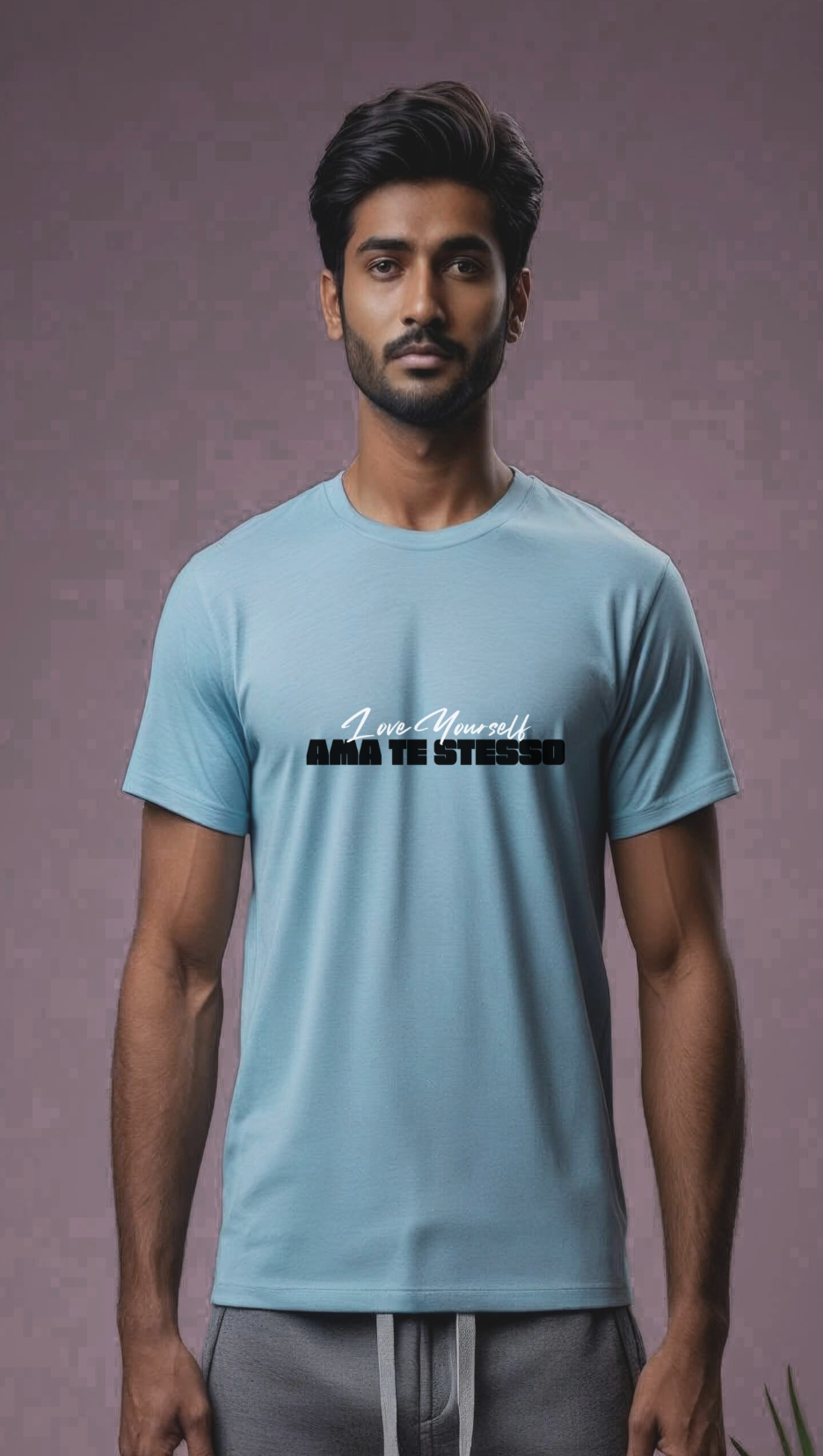 180 GSM cotton Crew Neck Baby Blue Tshirt with Miimalist Ama Te Stesso Design on Chest
