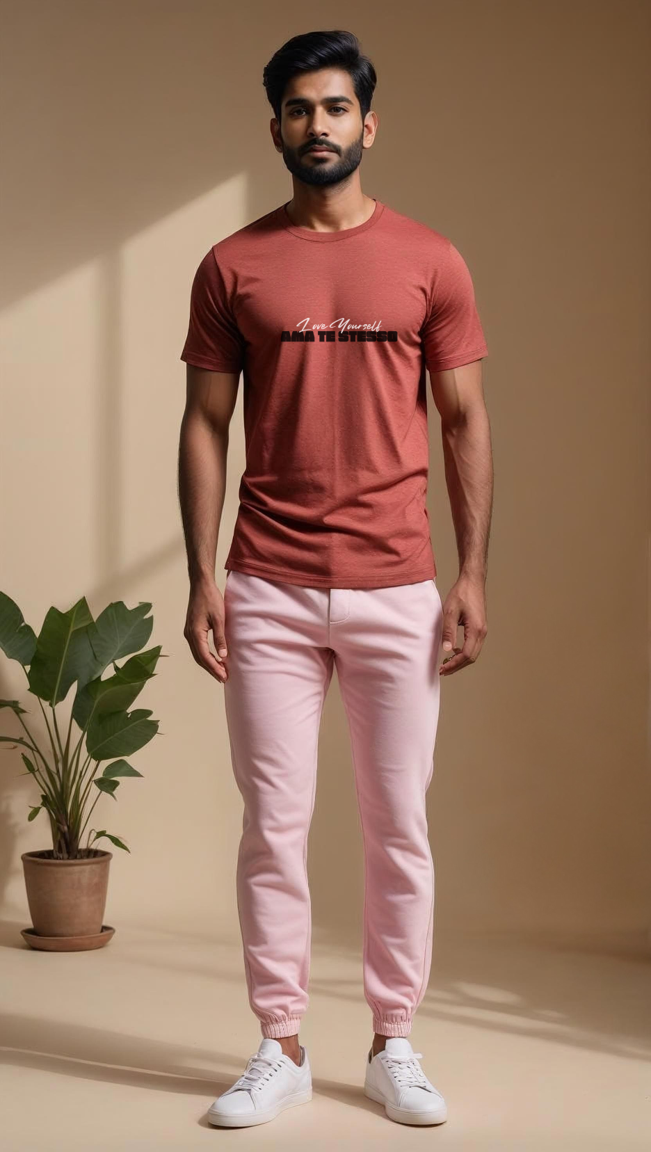 180 GSM cotton Crew Neck Brick Red Tshirt with Miimalist Ama Te Stesso Design on Chest