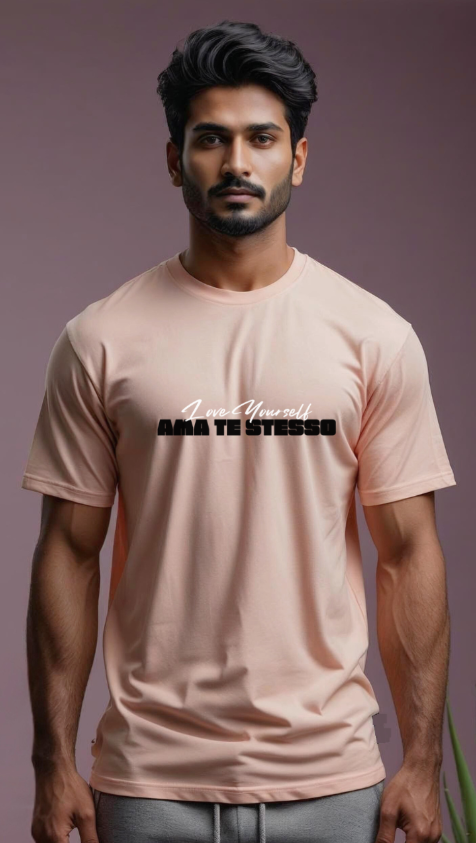 180 GSM cotton Crew Neck Peach Tshirt with Miimalist Ama Te Stesso Design on Chest