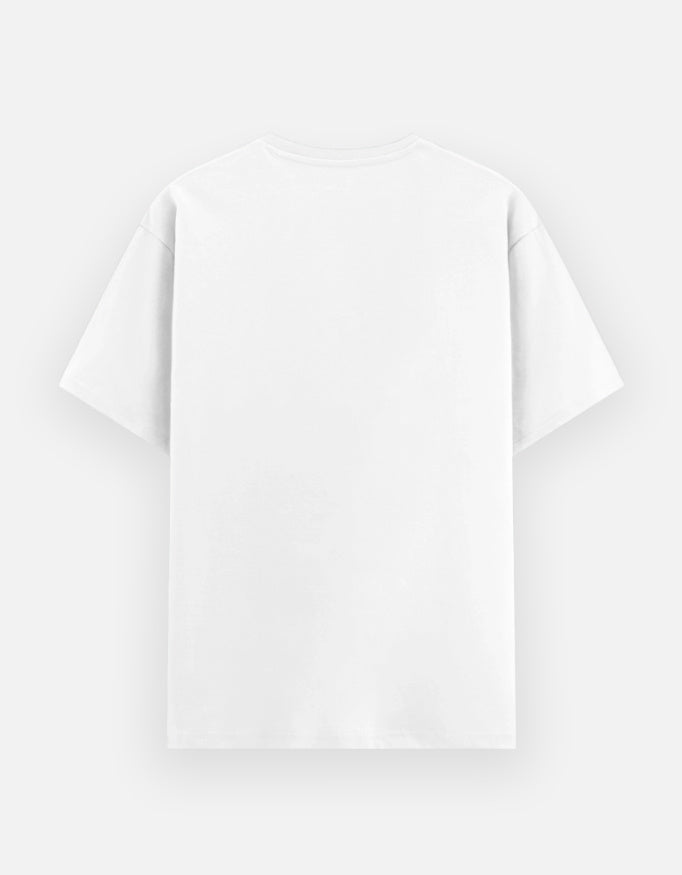 white t-shirt with a cat eyes graphic design at back