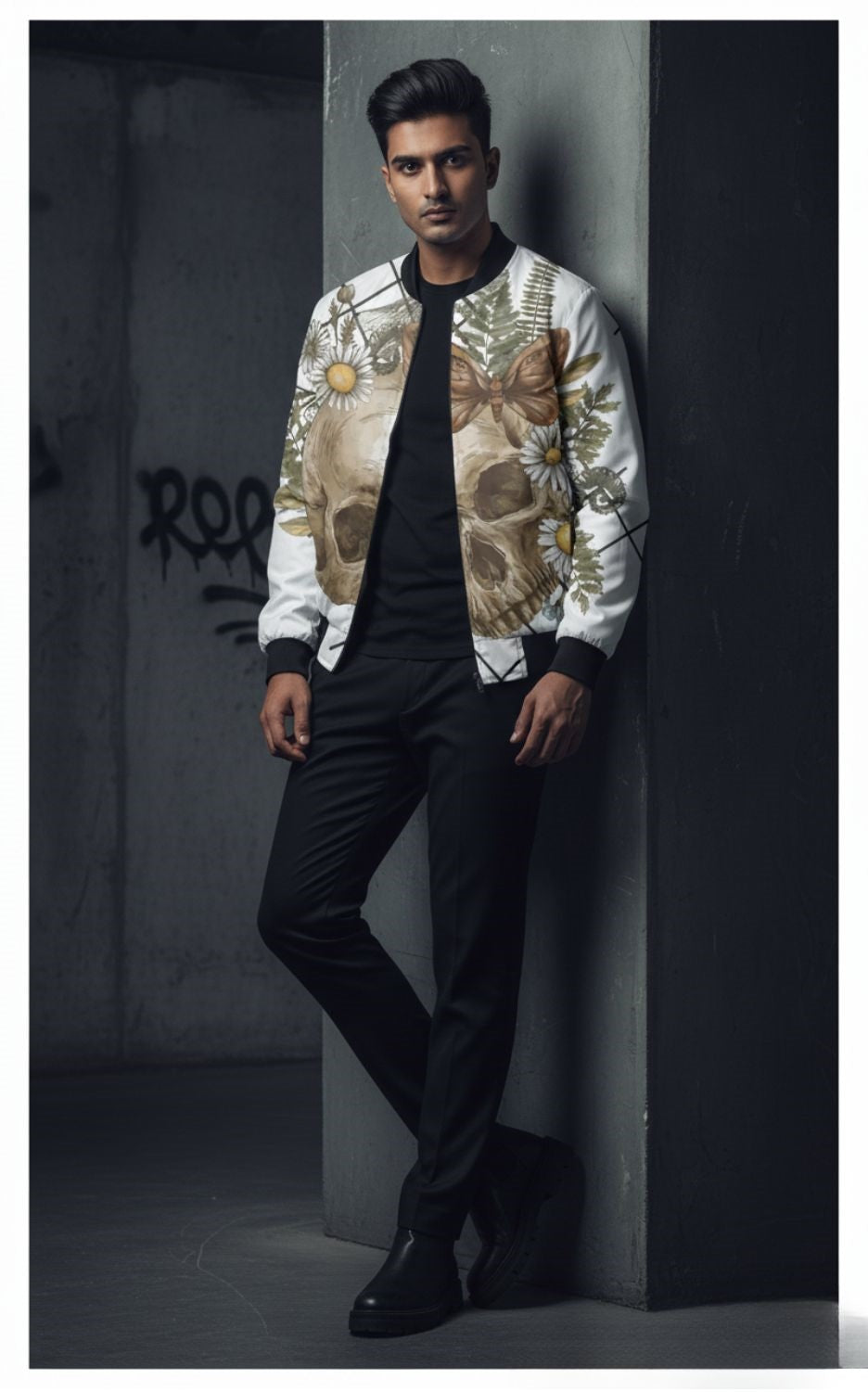 Unisex white 240 GSM fleece bomber jacket with bold skull print for high-fashion with open zip in relaxed pose streetwear looks.