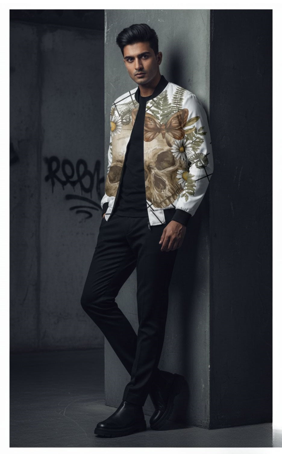 Unisex white 240 GSM fleece bomber jacket with bold skull print for high-fashion with open zip in casual pose streetwear looks.