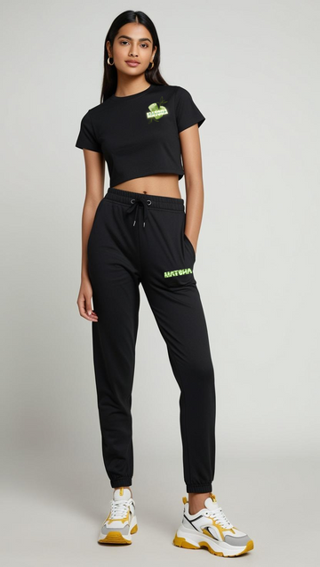 DripSquadx Unisex Matcha Cotton Crop Top Co-ord Set Black