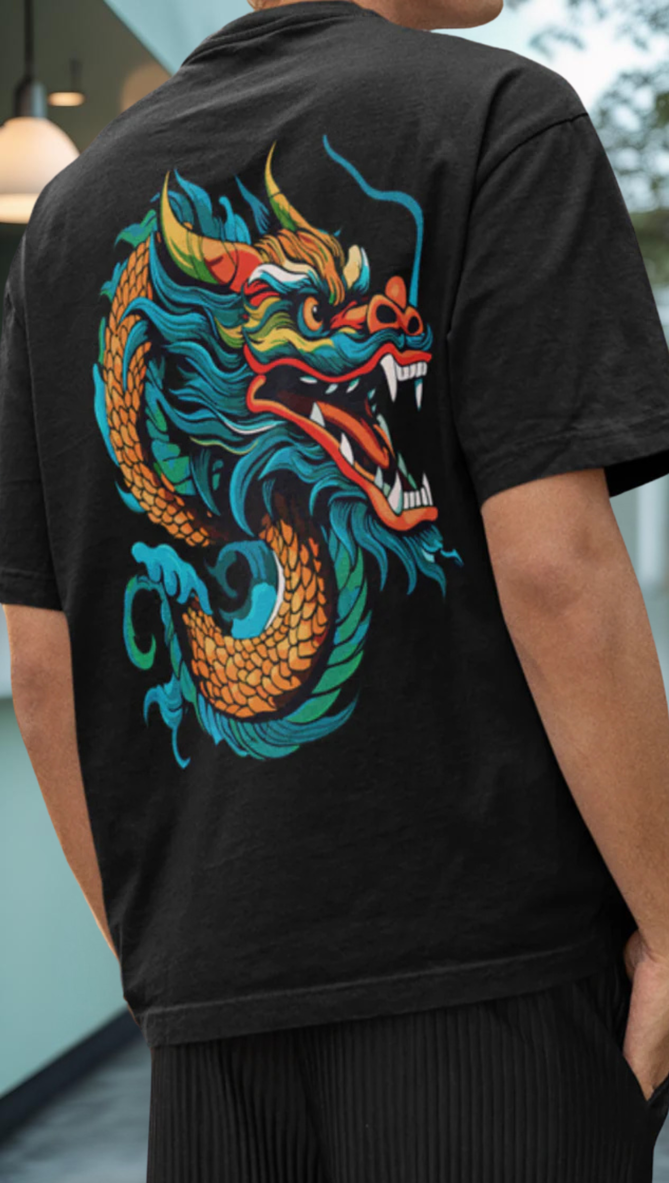 Black oversized t-shirt with a colorful dragon design on the back