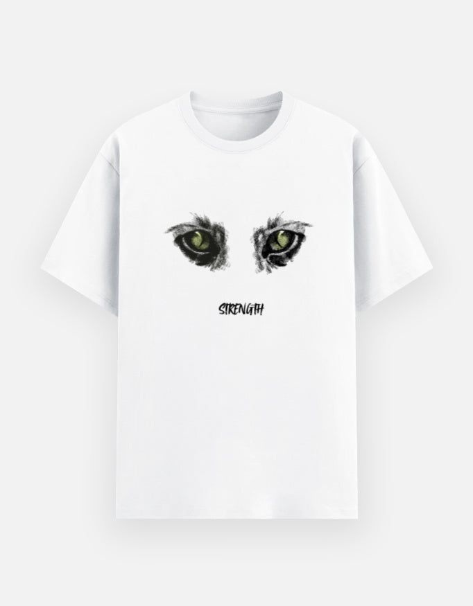 white t-shirt with a cat eyes graphic design at front