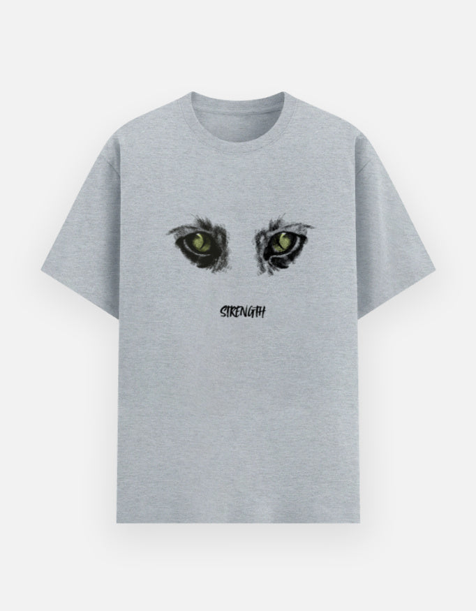 Grey Melange t-shirt with a cat eyes graphic design at front  with word "Strength"