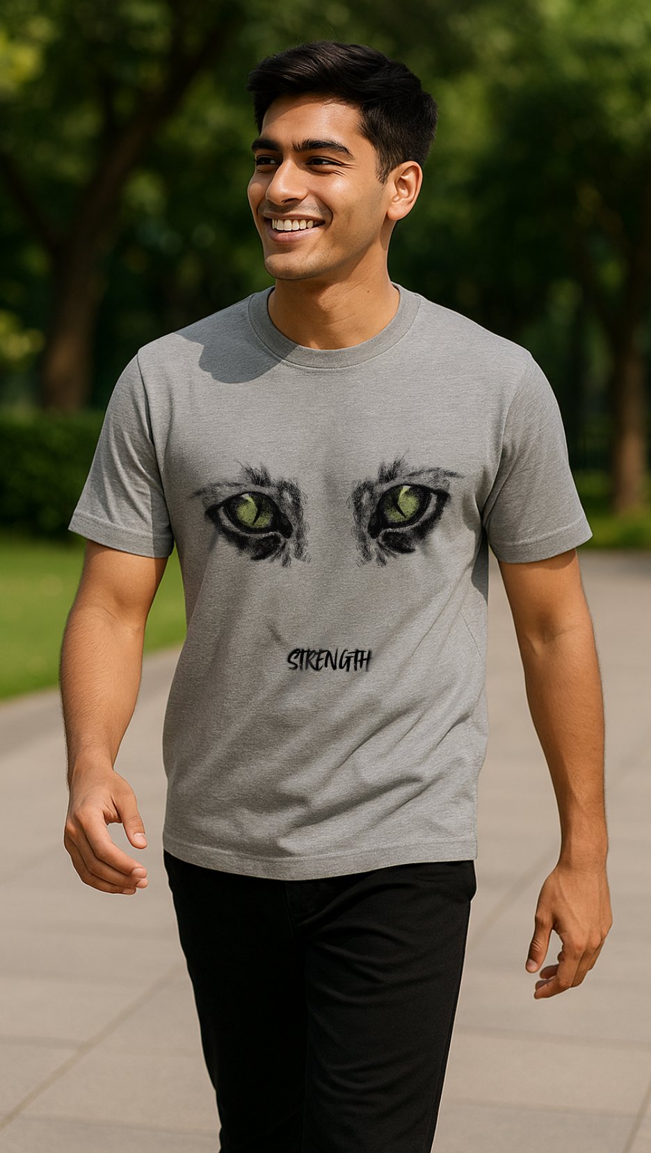 Man wearing a gray t-shirt with a cat face design and the word 'Strength' outdoors.