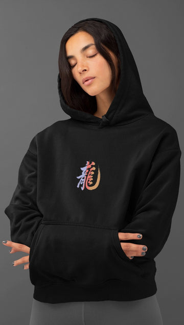 Female model in Black 300 GSM Drip SquadX Dragon Hoodie with bold print for street style look and casual layering.