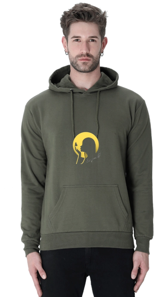 Man wearing a Olive green hoodie with a yellow graphic design on a white background