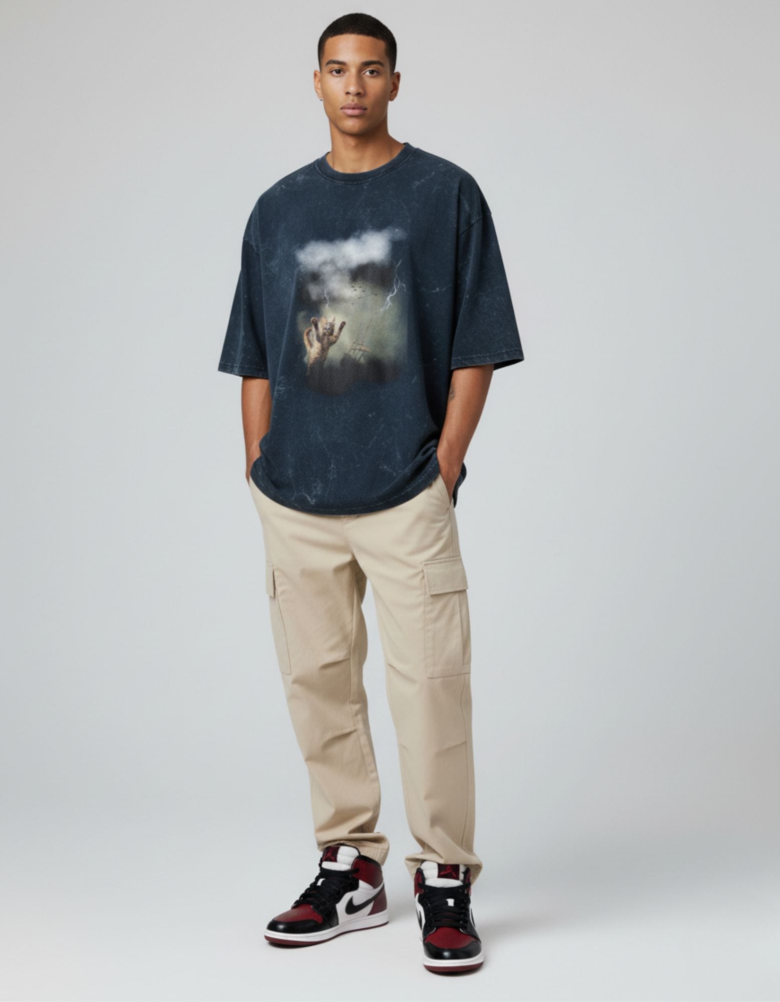 Unisex Cat In Storm Acid Washed Oversized Tee Navy Blue | Premium Cotton Tshirt | Premium Cotton