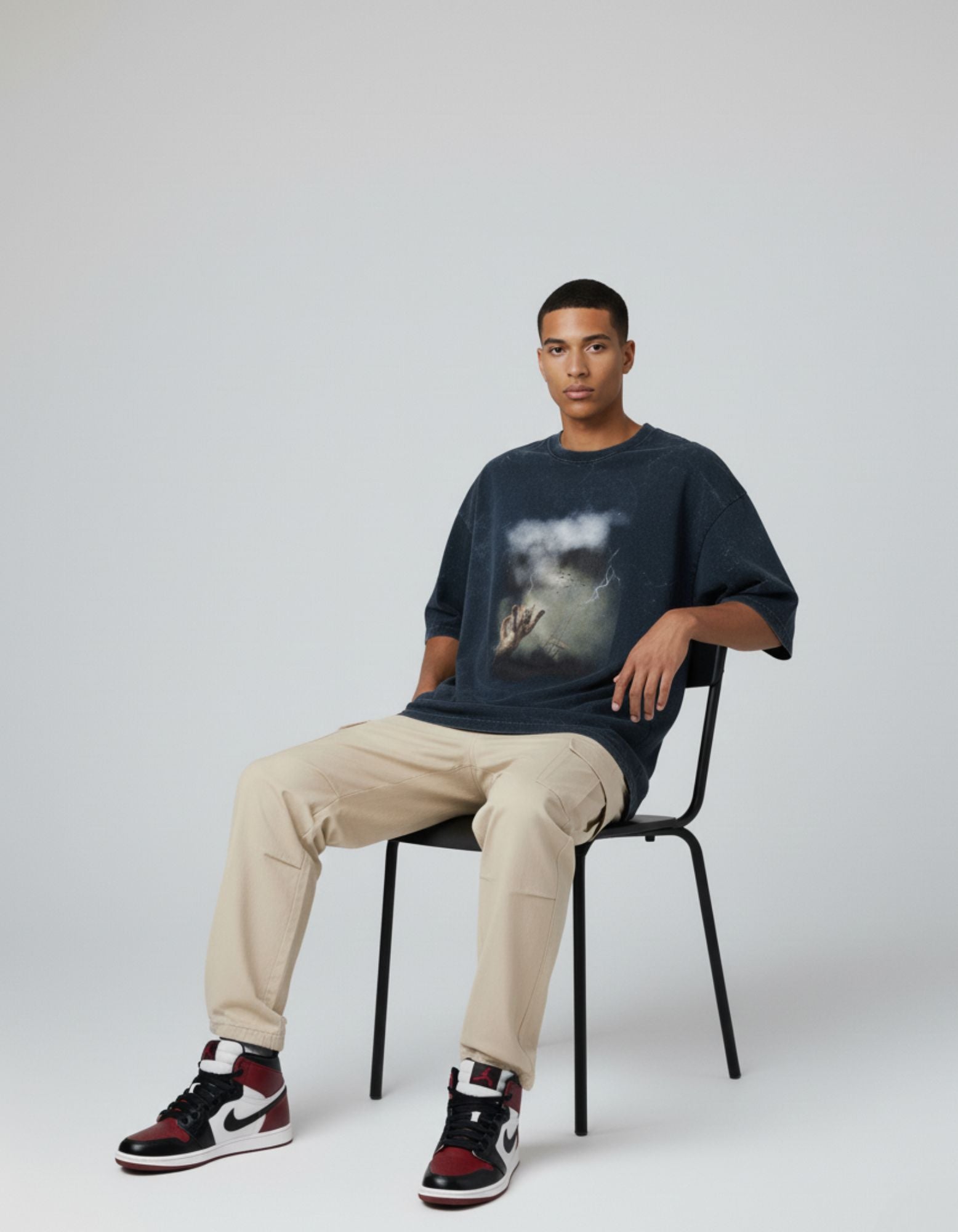 Unisex Cat In Storm Acid Washed Oversized Tee Navy Blue | Premium Cotton Tshirt | Premium Cotton