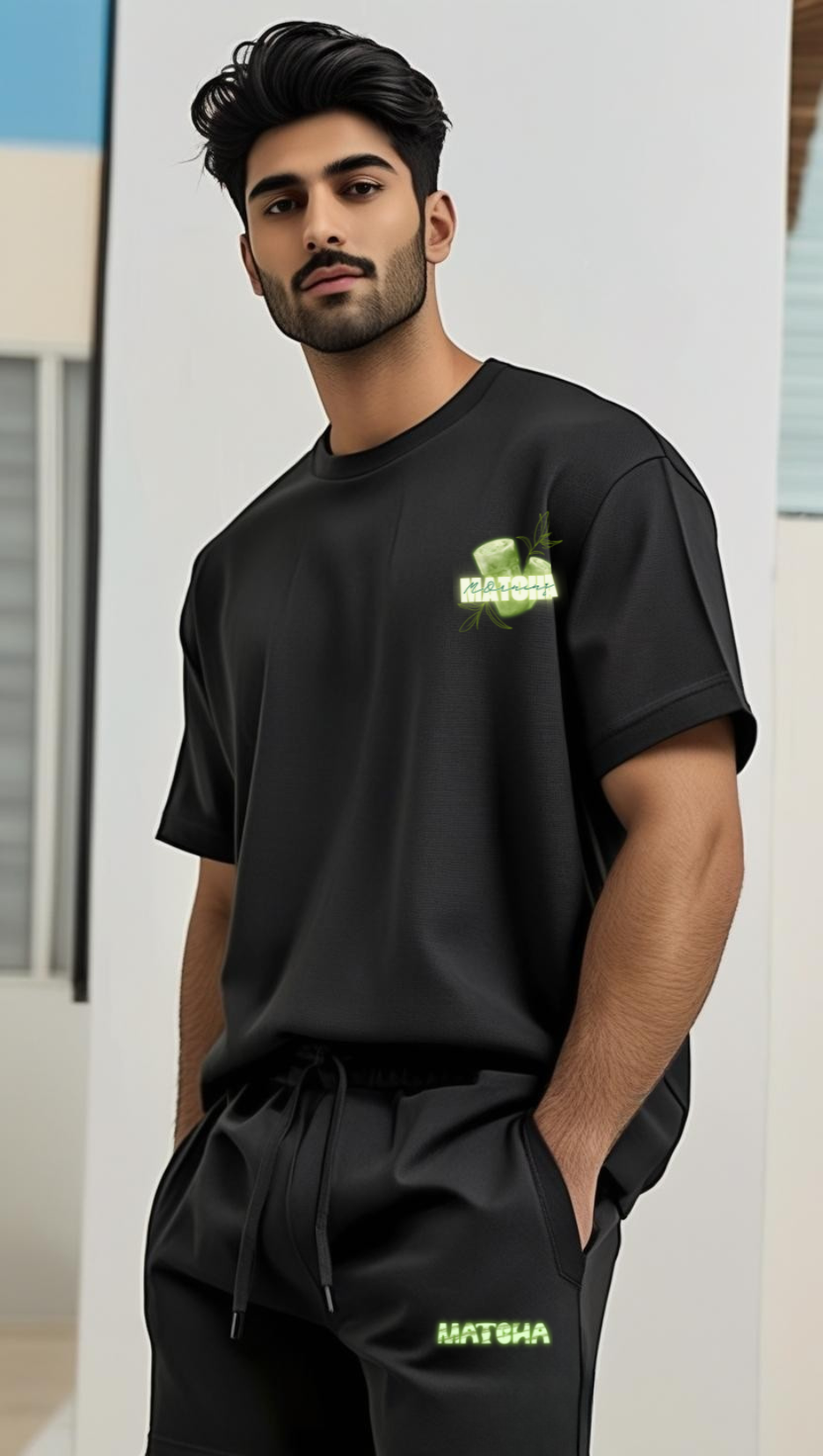 280 GSM cotton with Black Coord Set with Minimalist Matcha Design on Left chest in side pose