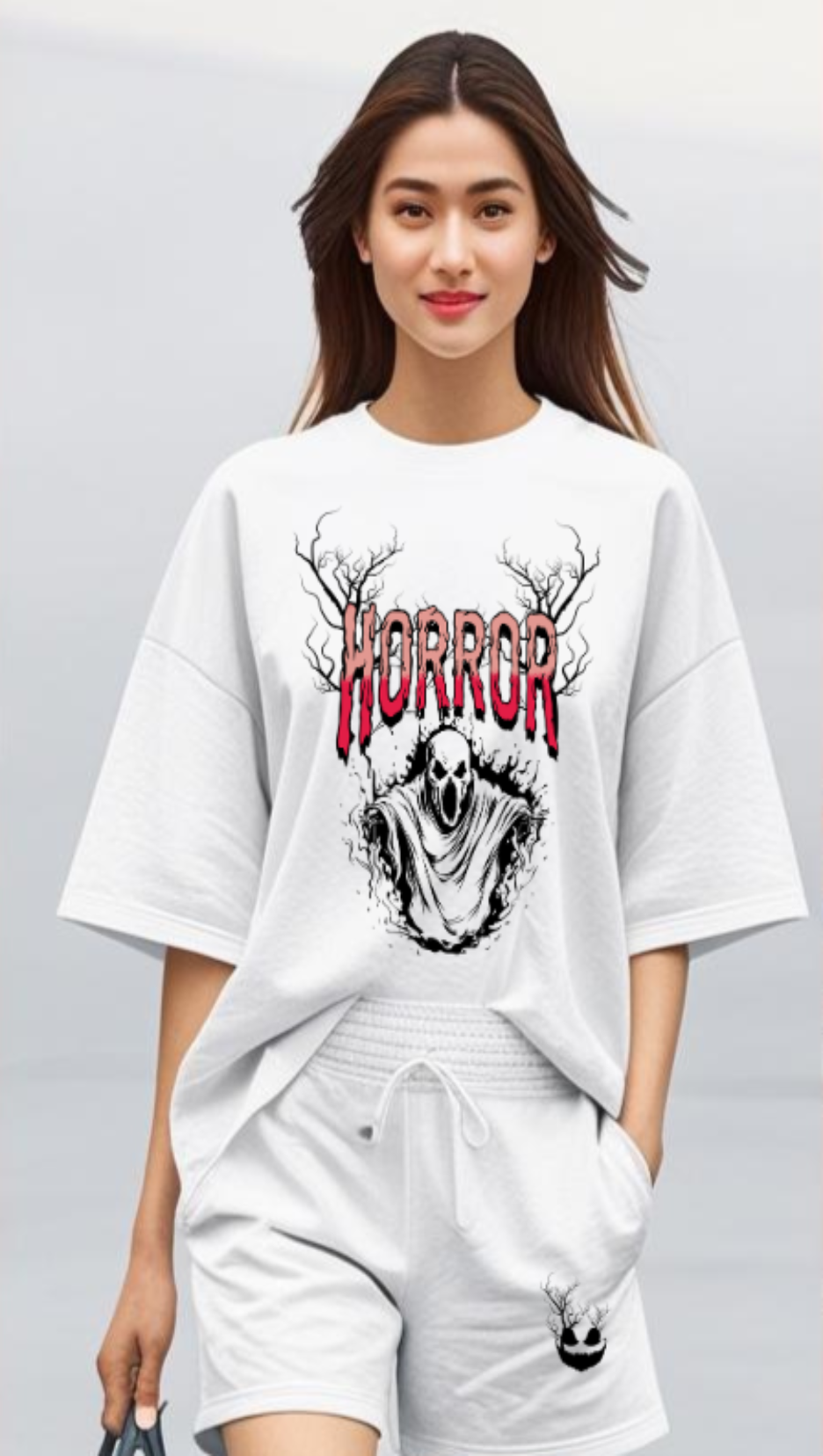 280 GSM cotton White Coord Set with Halloween Ghost Design on Girl