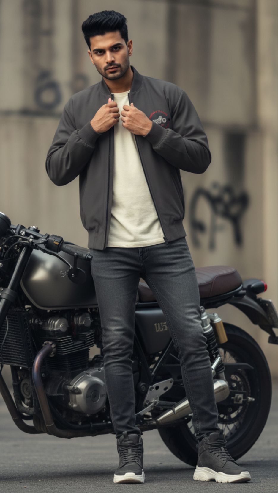 Front view of men wearing Chorcoal  Gray Color Unisex Ride Club Bomber Jacket (320 GSM), showcasing the white motorcycle and red text as pocket print.