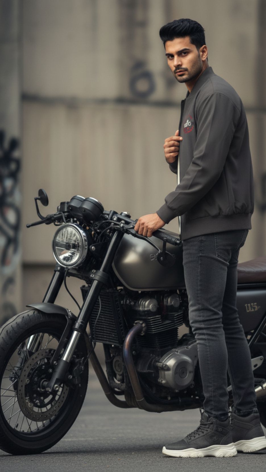 Side view of men wearing Chorcoal  Gray Color Unisex Ride Club Bomber Jacket (320 GSM), showcasing the white motorcycle and red text as pocket print.
