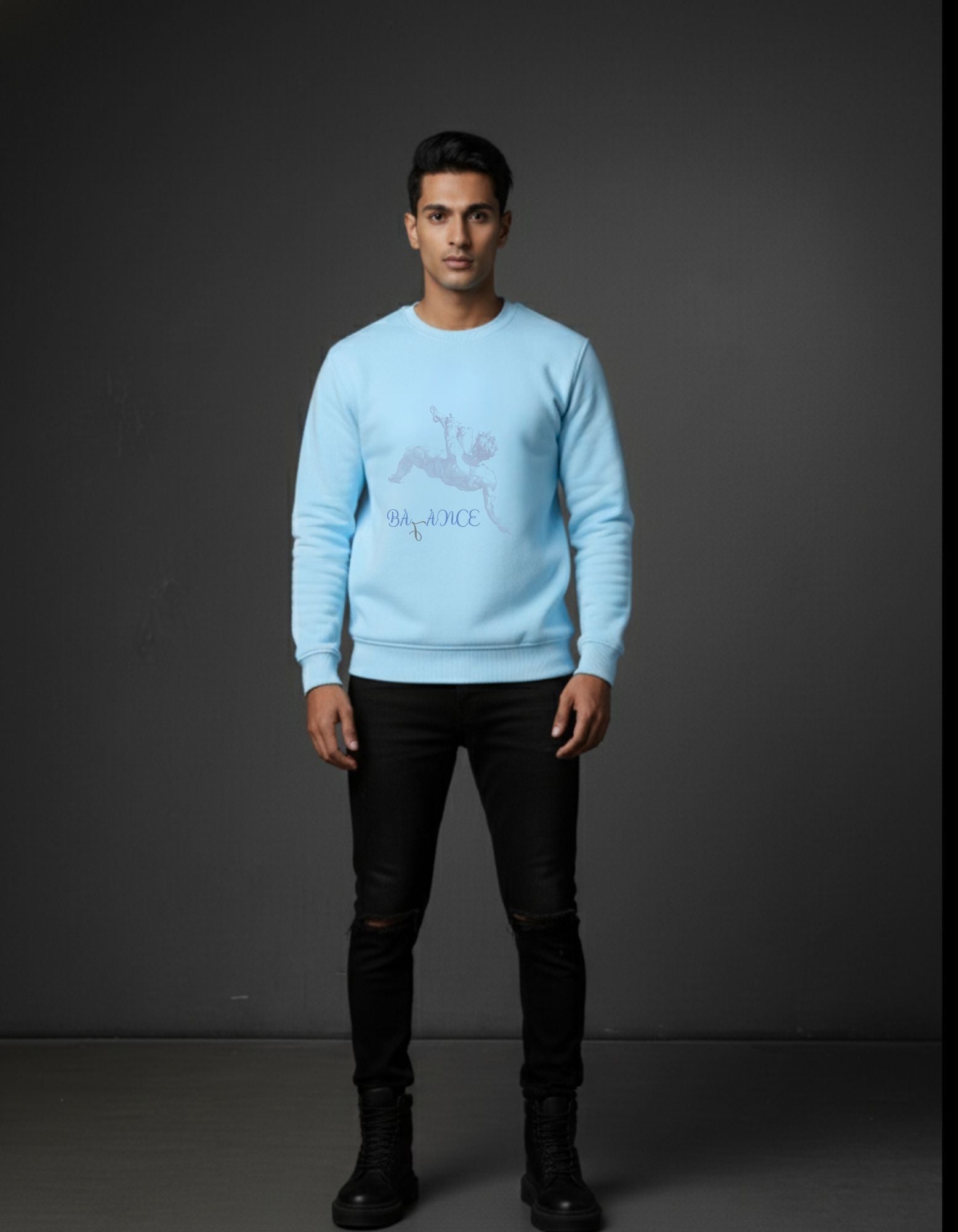 Premium Cotton Fleece with Balance Graphic. Unisex Baby Blue crew neck. 320 GSM for casual comfort.