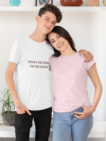 Drip SquadX Unisex Mom’s the Boss. I Bring the Chaos. – Double-Sided Tee for Tweens & Teens