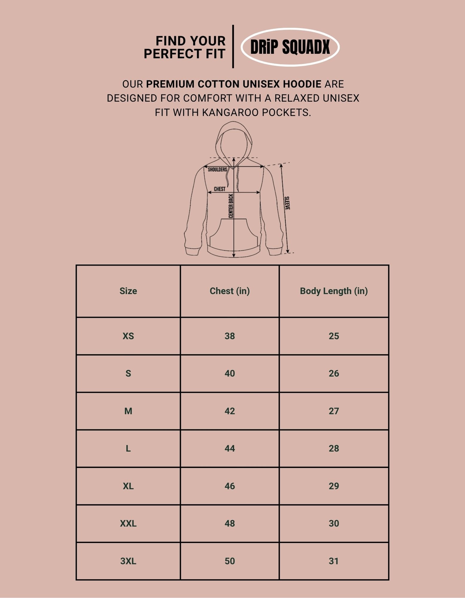 Size chart for unisex hoodie in sizes XS, S, M, L, XL, 2XL and 3XL.