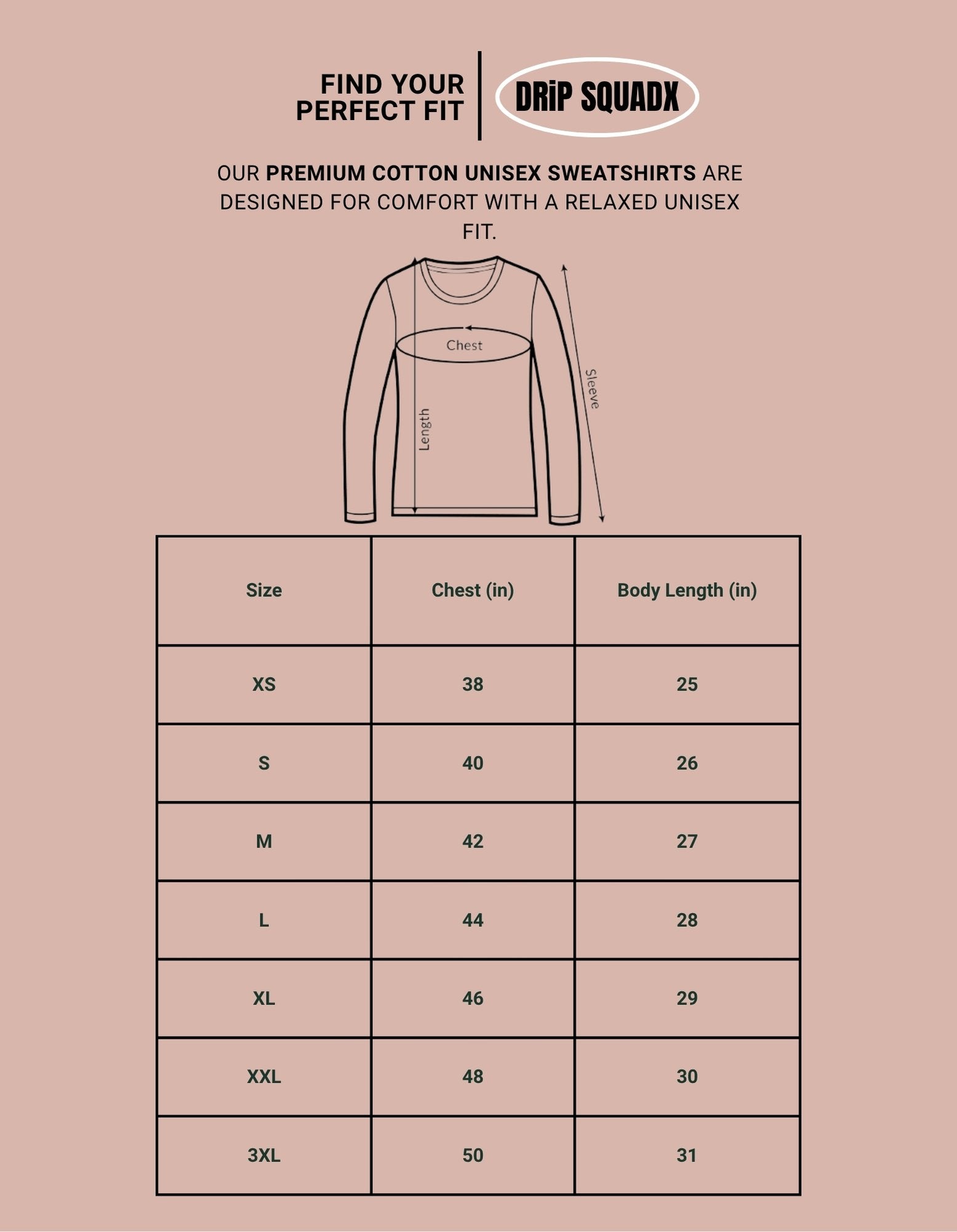Unisex Sweatshirt Size Chart. Premium cotton fit guide with chest and length measurements (XS-3XL).