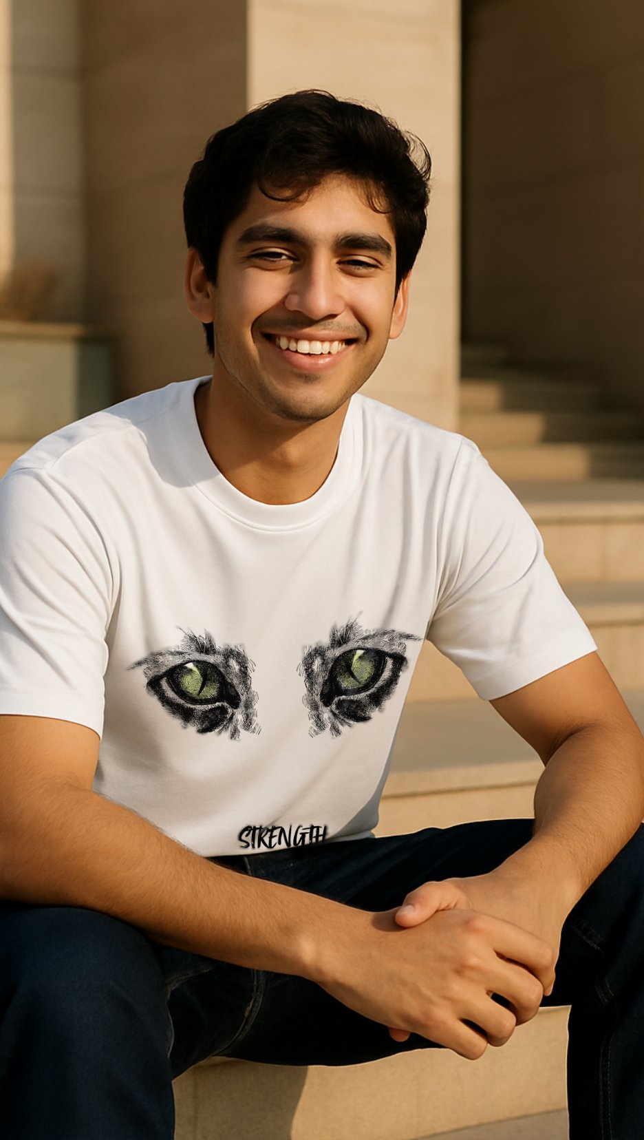 Man wearing a white t-shirt with a cat like graphic design, sitting outdoors.