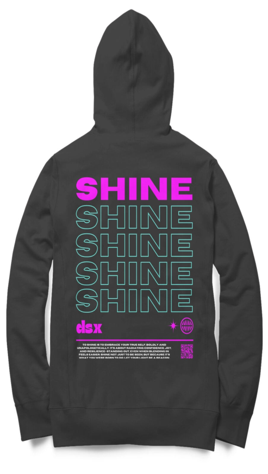 Black hoodie with 'SHINE' text on the back against a white background