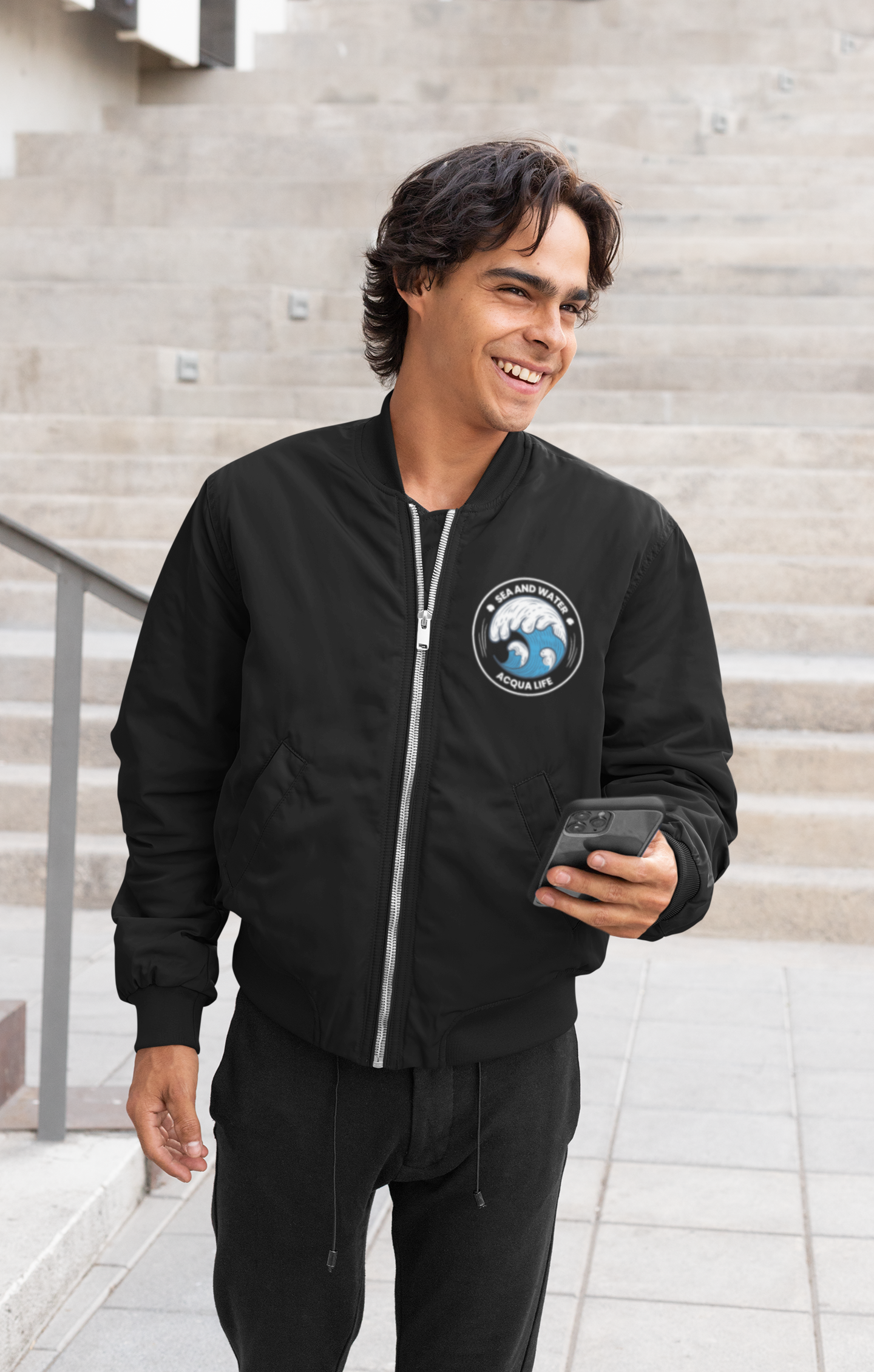 Unisex Aqua Life Bomber Jacket Charcoal grey Black  240 GSM Premium cotton | Dripsquadx A Refreshing Take on Classic Style