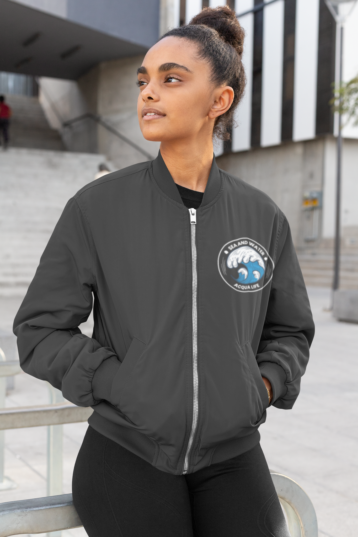 Unisex Aqua Life Bomber Jacket Charcoal grey Black  240 GSM Premium cotton | Dripsquadx A Refreshing Take on Classic Style
