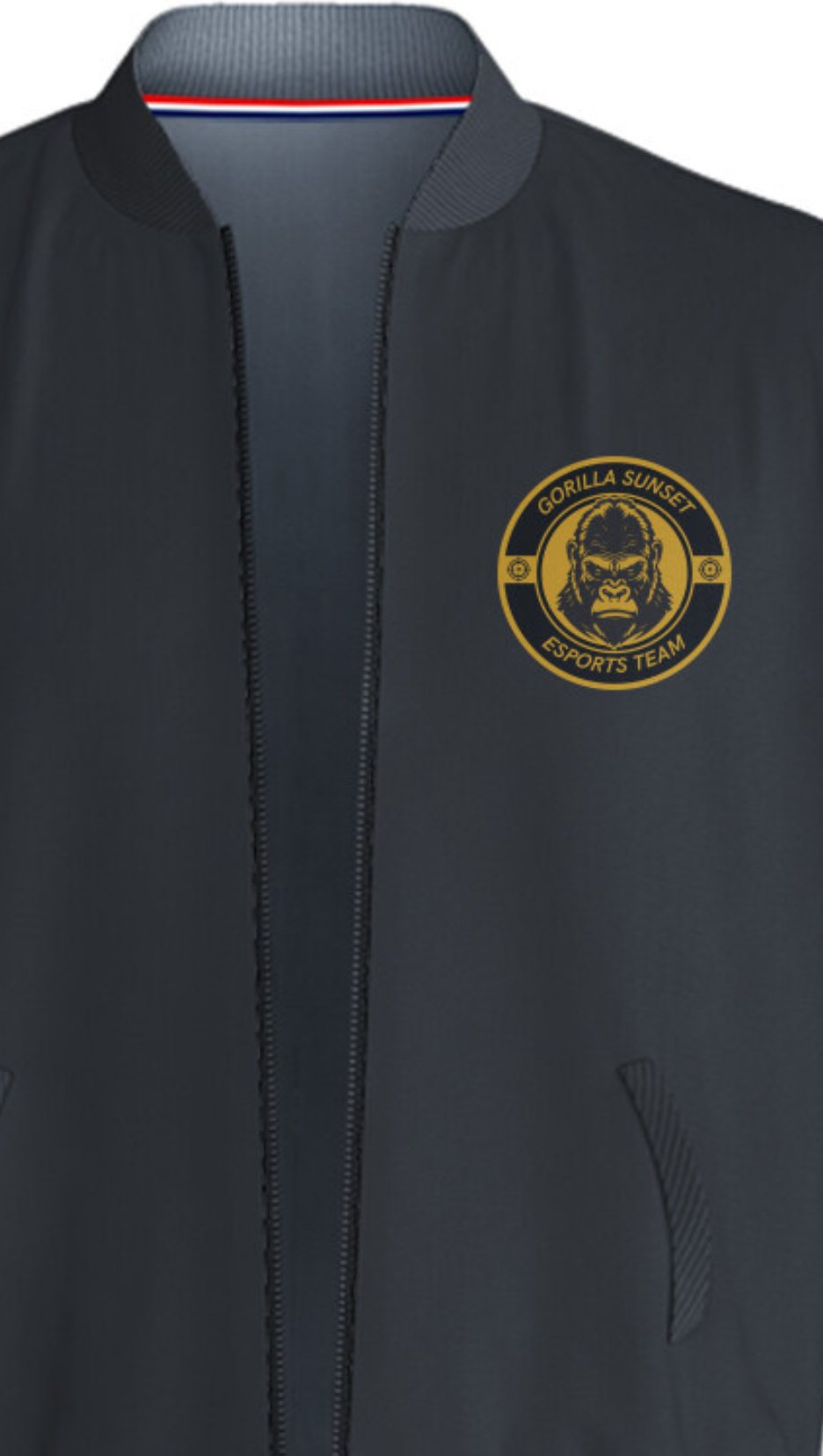 Close-up of the Gorilla Esports graphic on the chest pocket of the 320 GSM Bomber Jacket. Shows the bold yellow gorilla print.