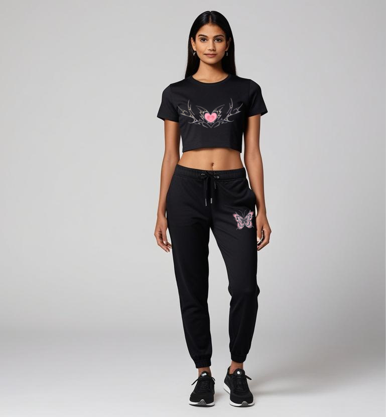 DripSquadx Unisex Cotton Crop Top Pink Heart Co-ord Set