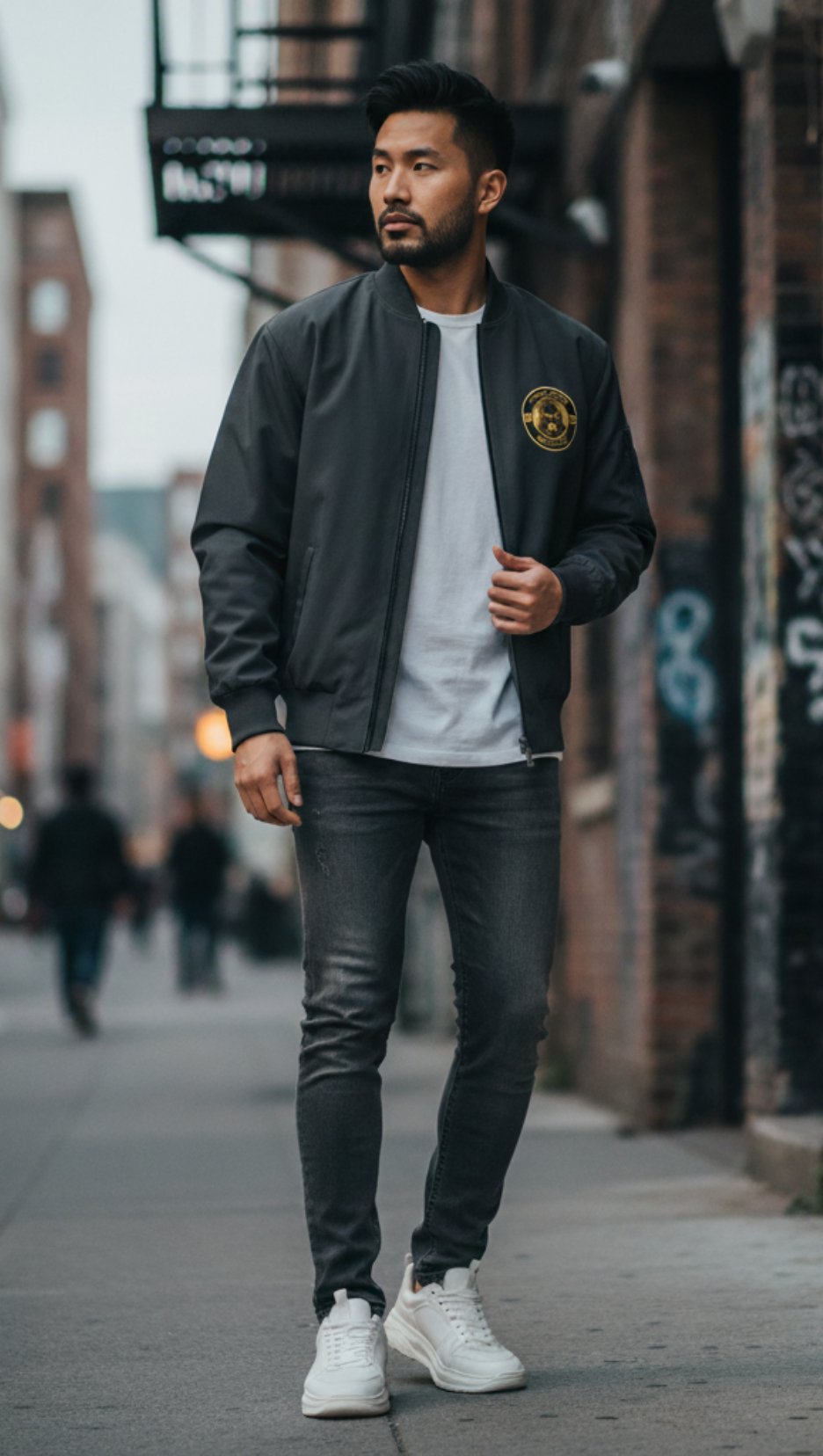 Front view of Black Unisex Gorilla Esports Bomber Jacket. Features central zipper and a bold yellow Gorilla print on pocket. 320 GSM.