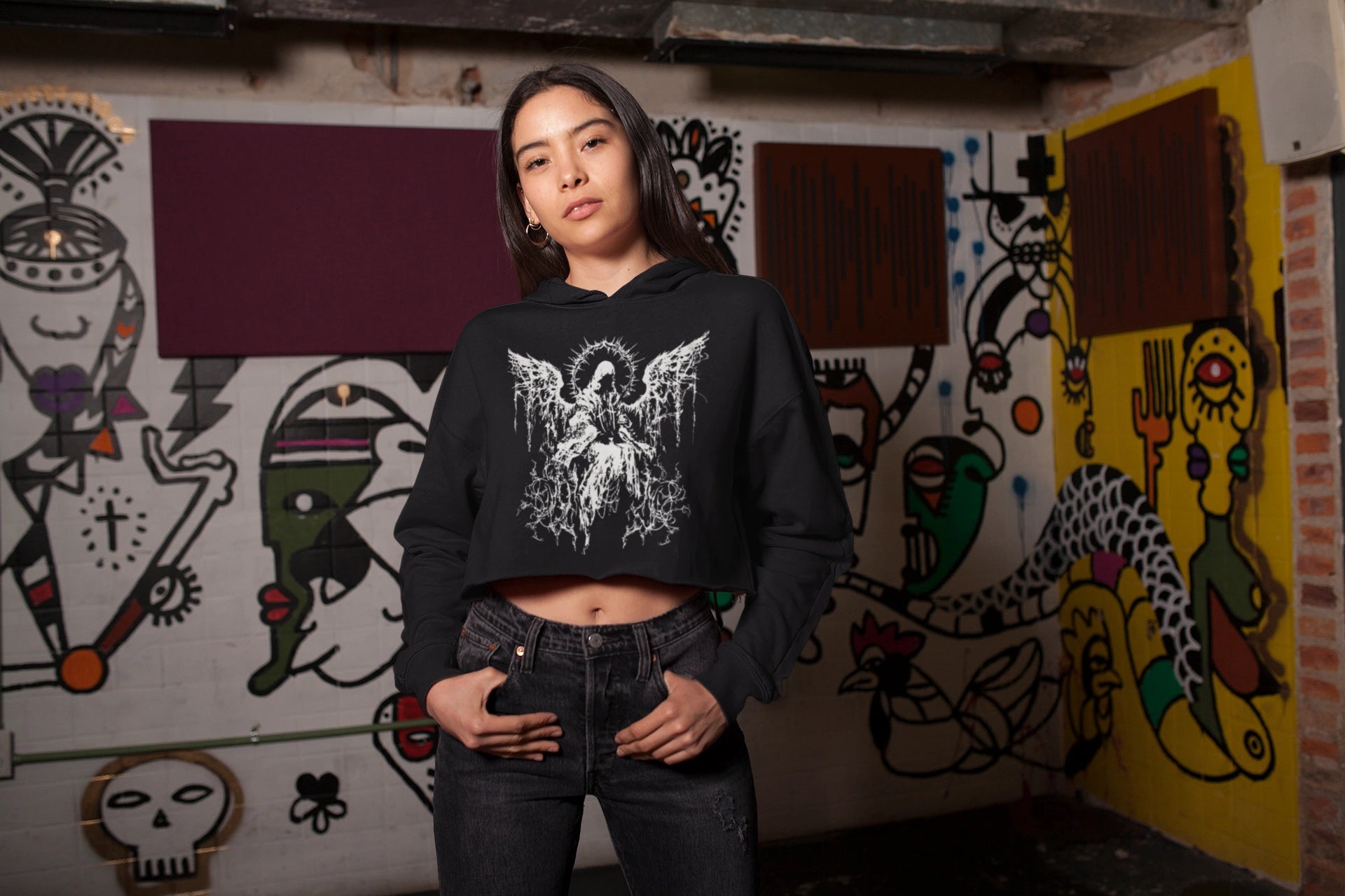 Regular Angel Crop Hoodie Black N More 320 GSM Premium cotton | Dripsquadx