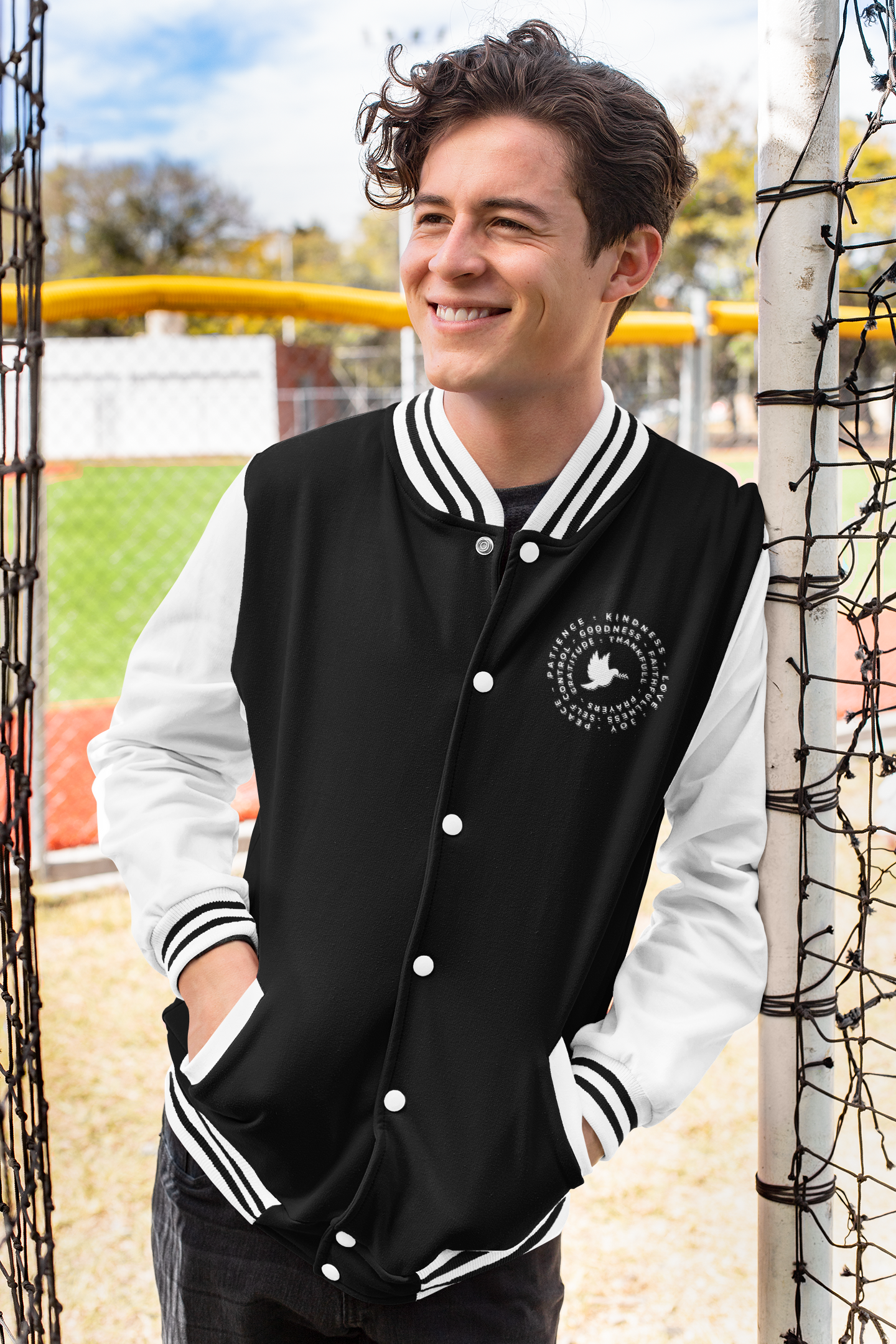 Unisex Peace Varsity Jacket Black 300 GSM Premium cotton | Dripsquadx A Symbol of Peace and Style