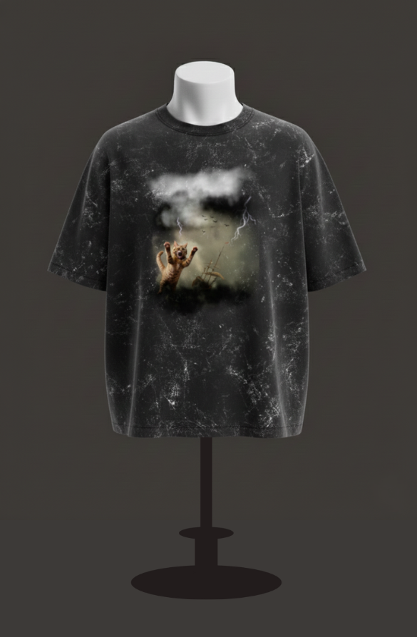 क्लियरेंस - यूनिसेक्स कैट इन स्टॉर्म एसिड वॉश्ड ओवरसाइज़्ड टी-शर्ट