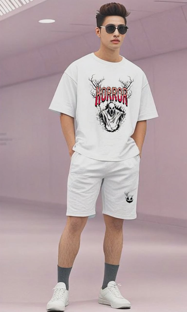 280 GSM cotton texture White Coord Set with Halloween Ghost Design 