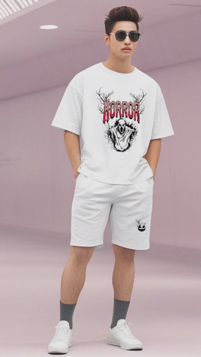 280 GSM cotton White Coord Set with Halloween Ghost Design with back pose