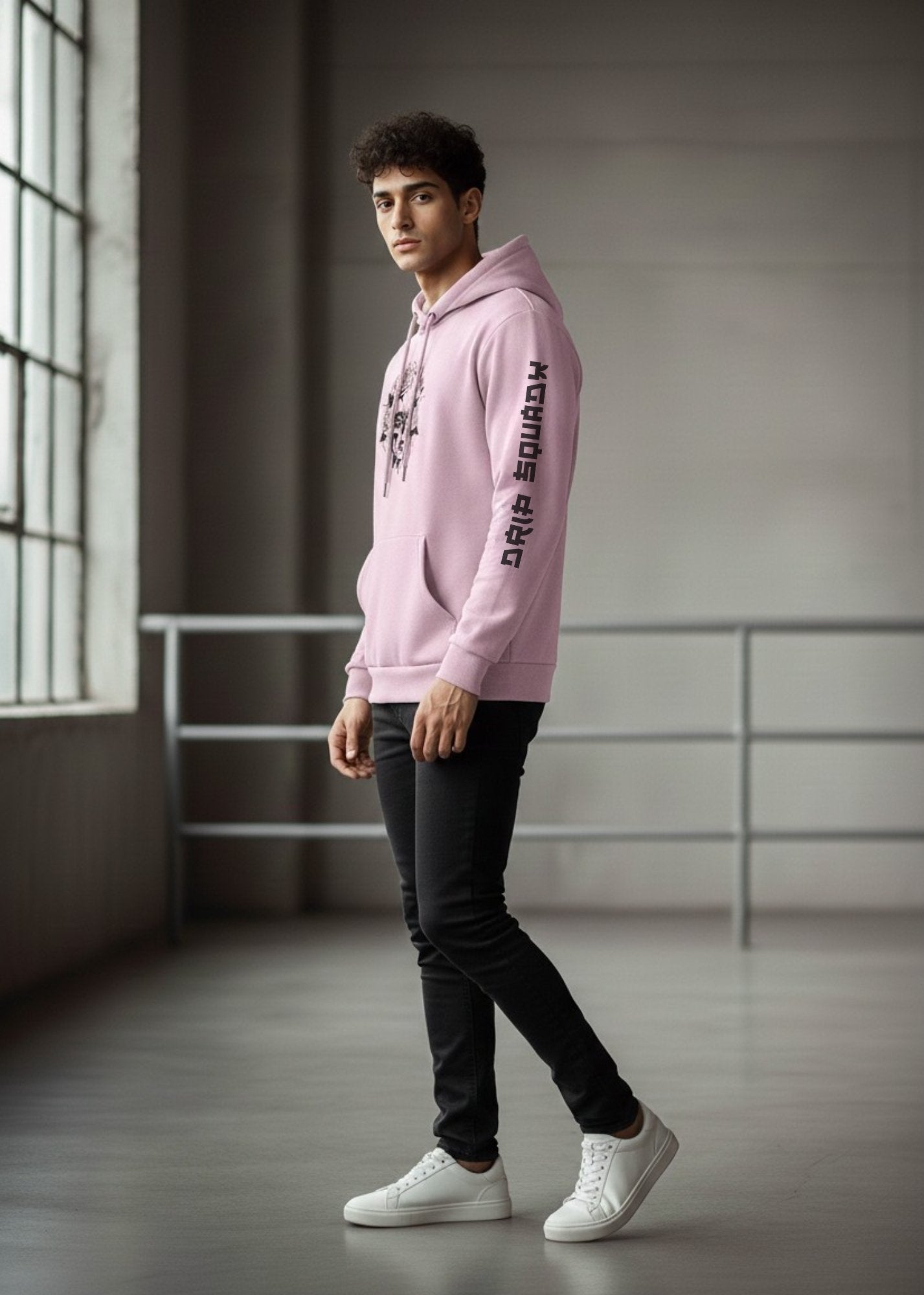 Side view of Light Pink Heavyweight Hoodie. Drip SquadX vertical print on the right sleeve. Unisex goth streetwear.