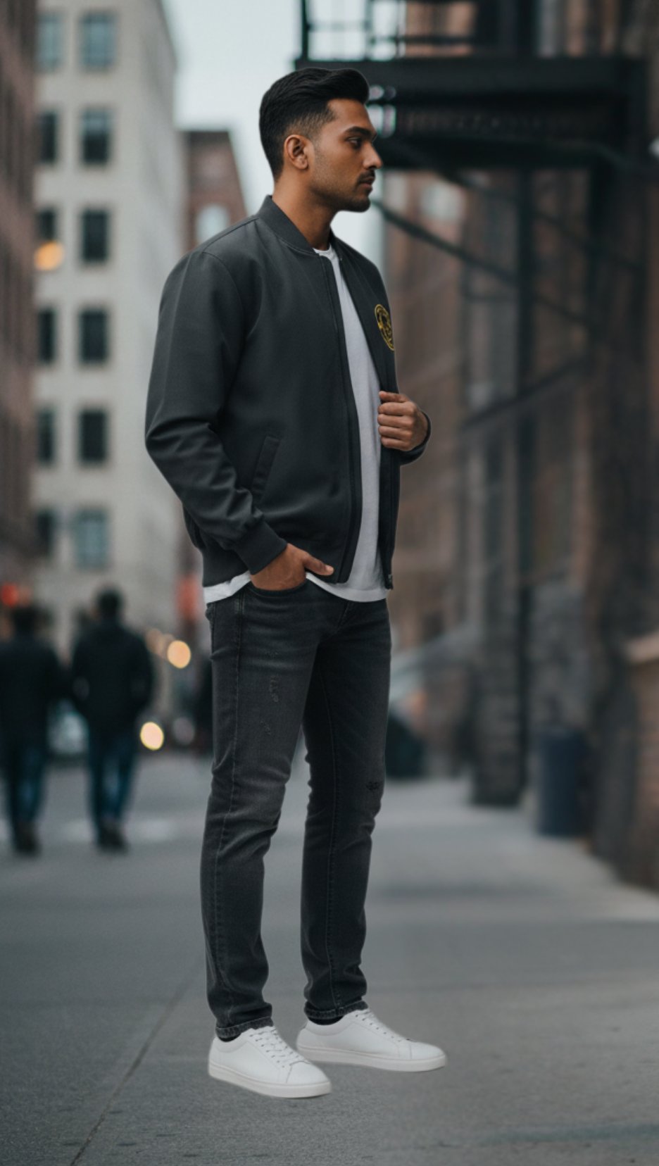 Side profile of the Black Gorilla Esports Bomber Jacket. Shows the regular fit, shoulder seam, and full sleeve with ribbed cuffs.